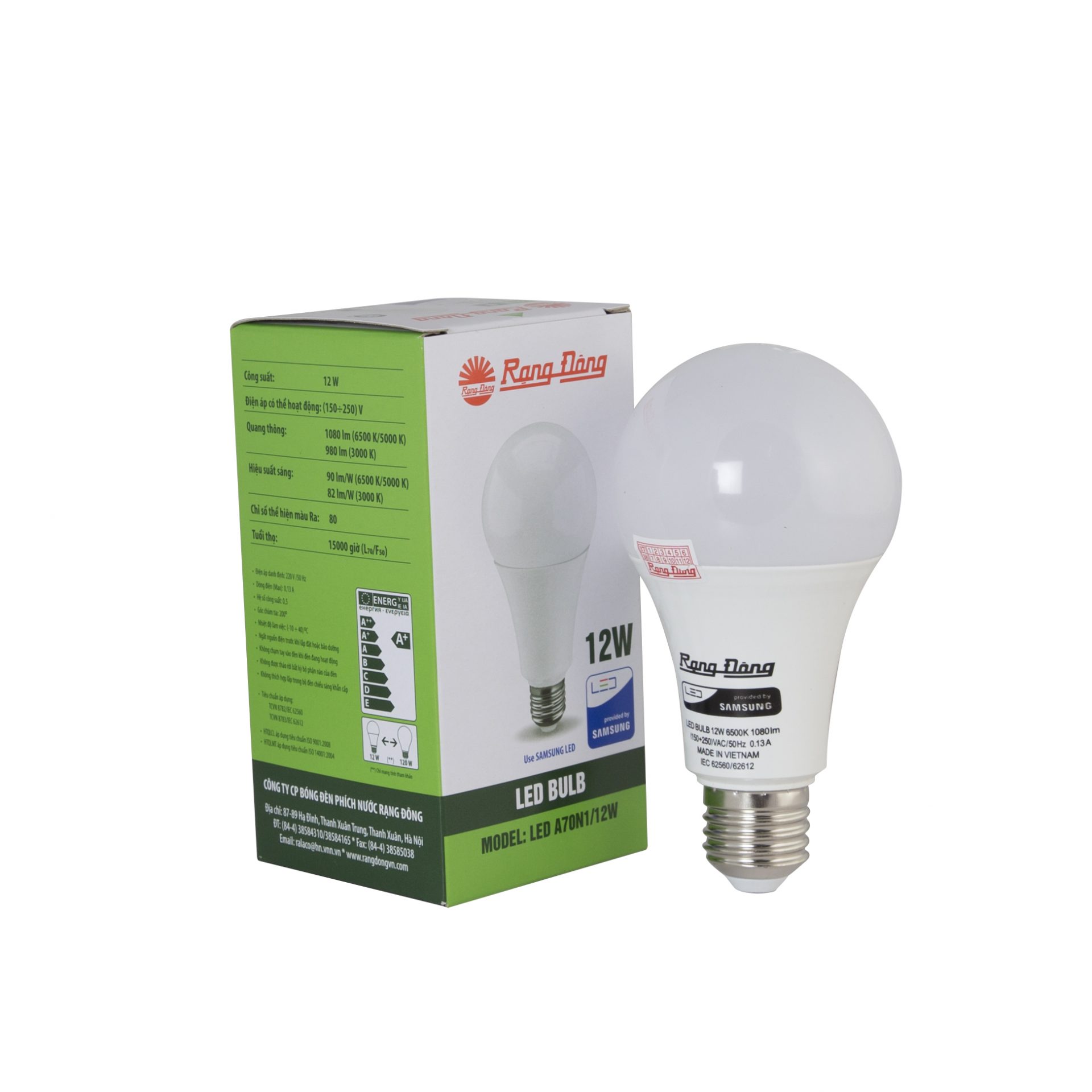 Bóng đèn BULB tròn 12W Rạng Đông LED A70N1/12W.H 4 LED A70N1/12W.H