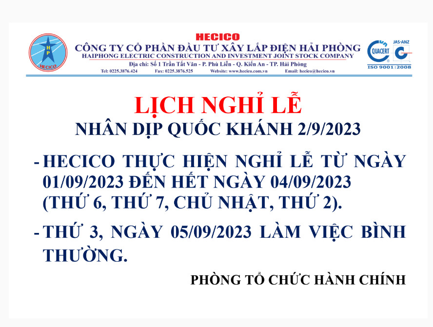 Hecico Kính Chúc Quý Khách Hàng Kỳ Nghỉ Quốc Khánh 2/9 An Lành! 1 Hecico Kính Chúc Quý Khách Hàng Kỳ Nghỉ Quốc Khánh 2/9 An Lành!
